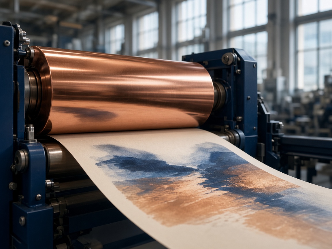 Kupferzylinder und bedruckte Papierbahn in einer modernen Druckhalle. Keine Aufnahme des Werks in Borgaro.